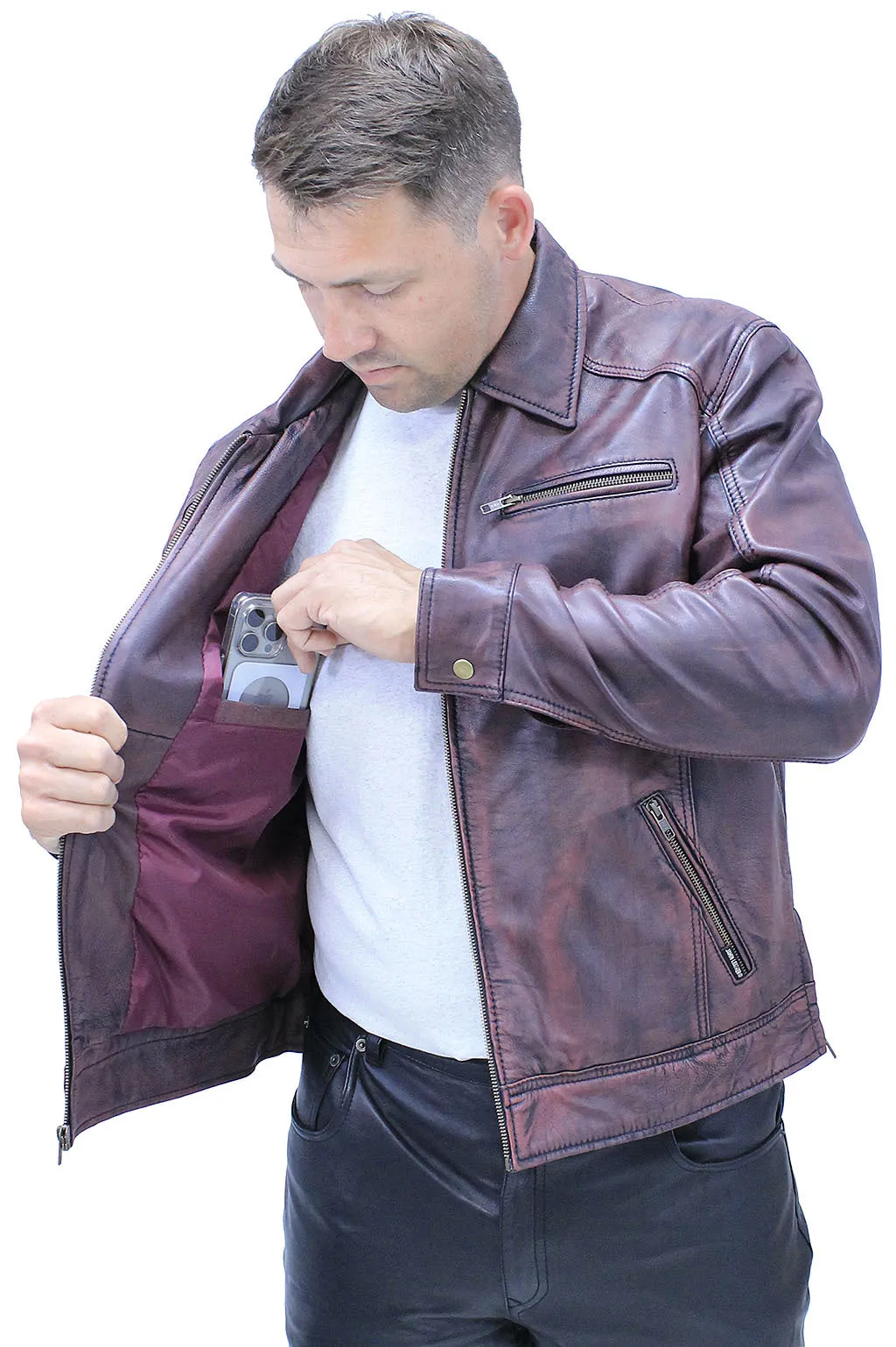 1950's Burgundy Distressed Leather Jacket w/CC Pockets #MA1959GR