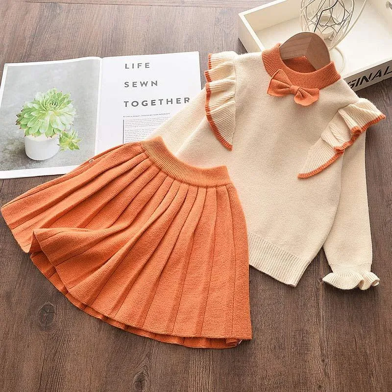 2-piece Solid Bow Decor Sweater & Skirt for Toddler Girl Children's Clothing