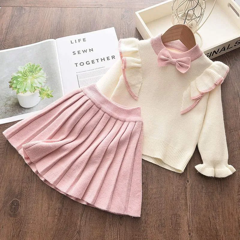 2-piece Solid Bow Decor Sweater & Skirt for Toddler Girl Children's Clothing