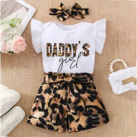 3 Pieces Set Baby Girls Letters Rompers Leopard Shorts And Bow Headwear