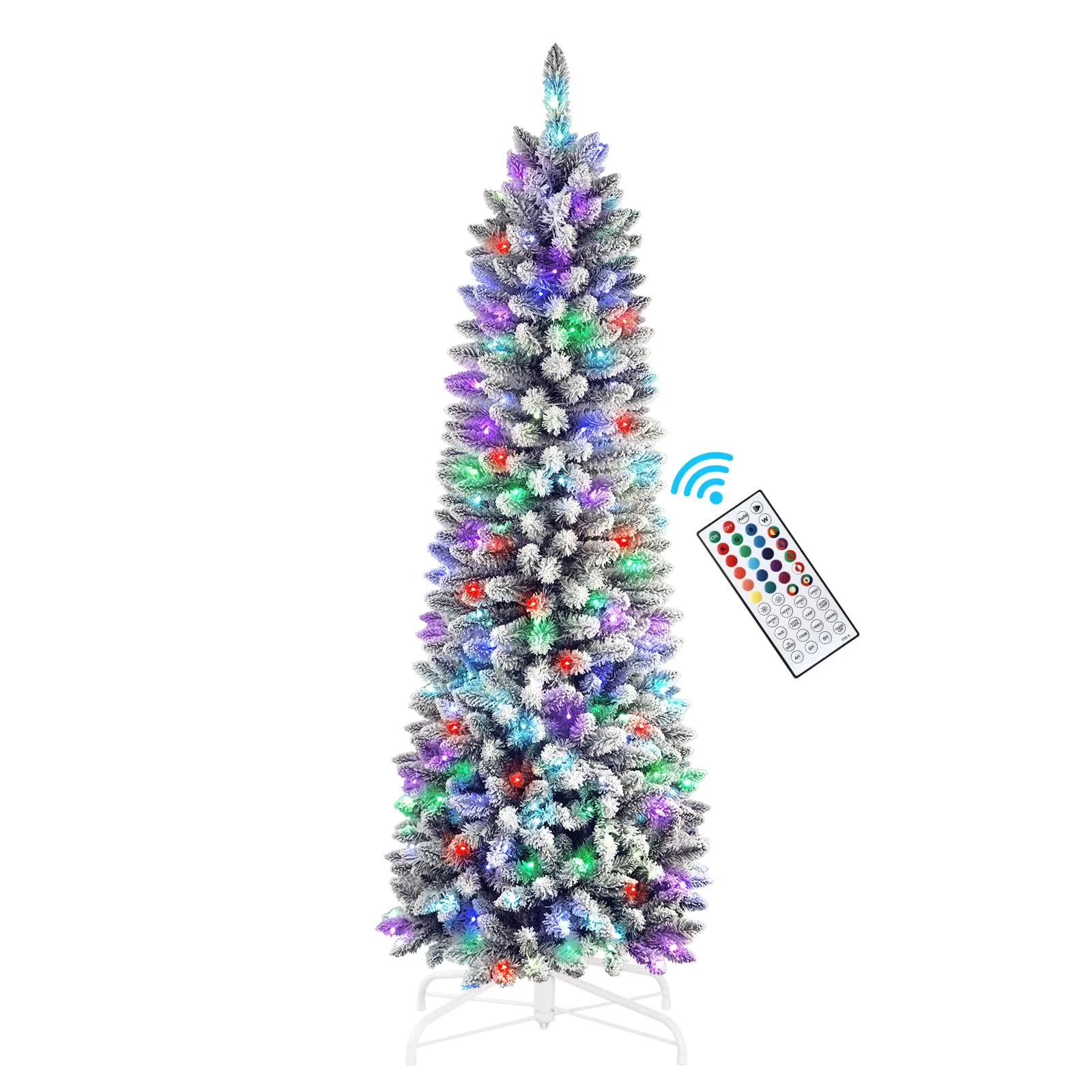 7.5ft Prelit Multi-Color RGB Lights Snow Flocked Artificial Hinged Slim Pencil Christmas Tree with Remote Control