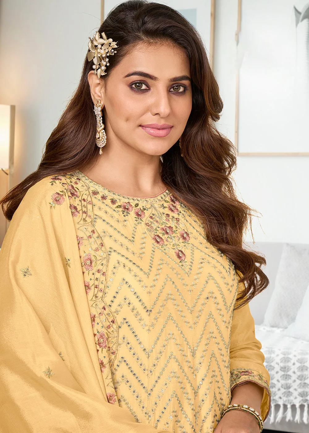 Adorning Lemon Yellow Heavy Chinon Embroidered Palazzo Kurta Set