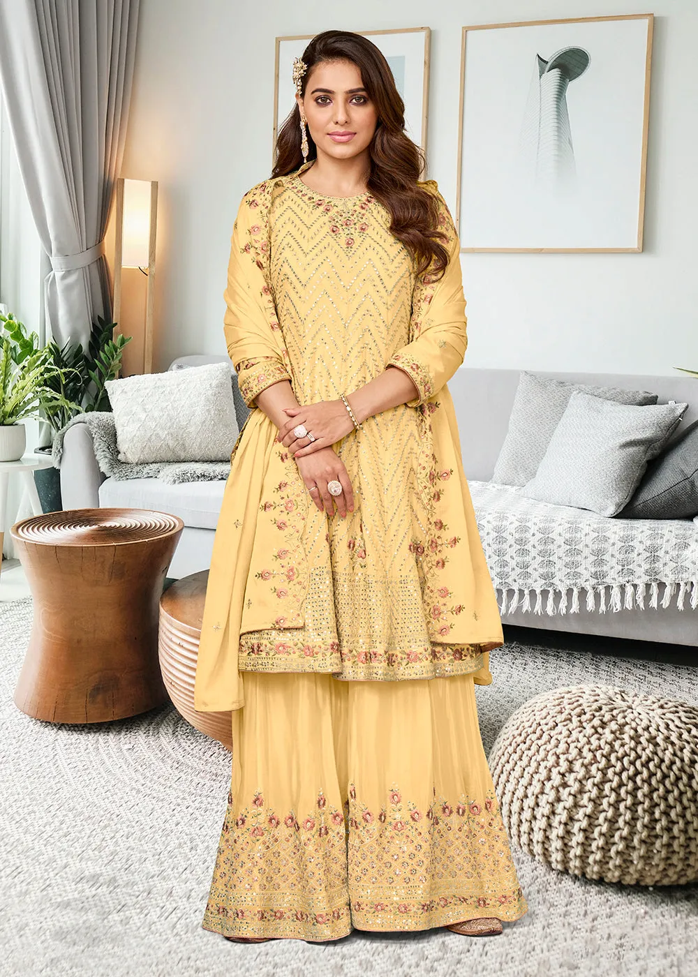 Adorning Lemon Yellow Heavy Chinon Embroidered Palazzo Kurta Set