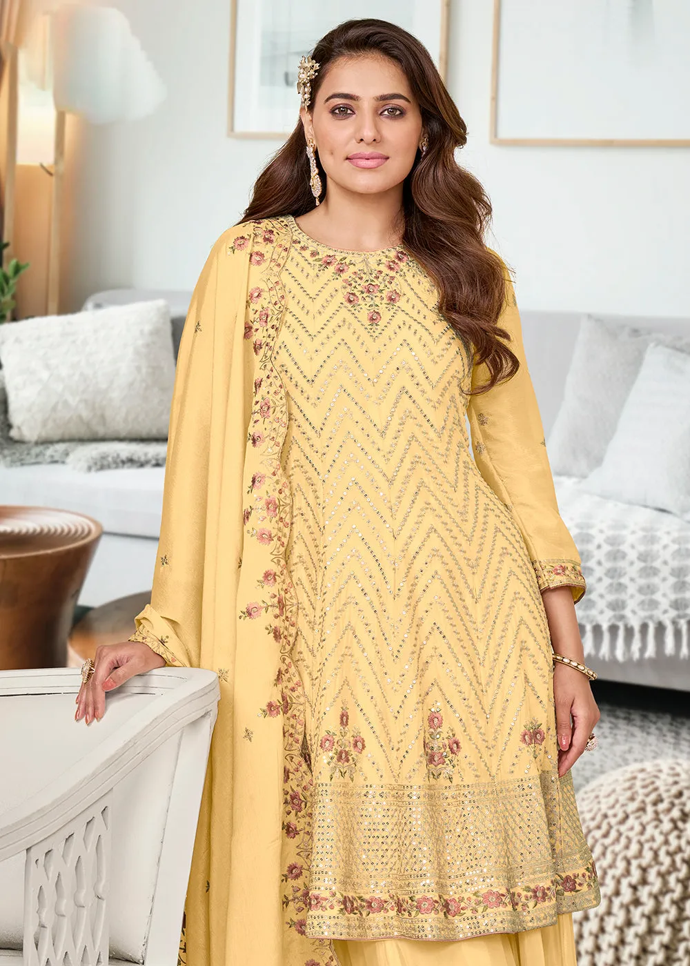 Adorning Lemon Yellow Heavy Chinon Embroidered Palazzo Kurta Set