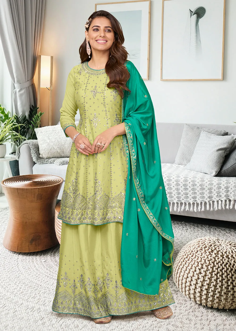 Adorning Pista Green Heavy Chinon Embroidered Palazzo Kurta Set