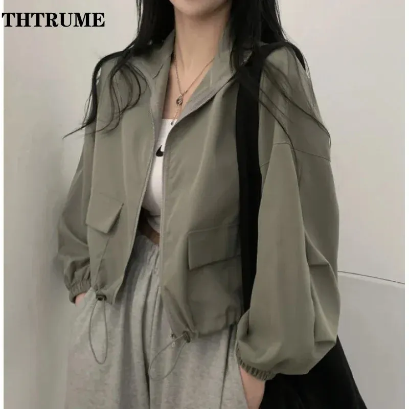 Autumn Winter Chic Jacket Fashion Women Protection Windproof Vintage High Street Coats Casual Baseball Drawstring Outwear Coat