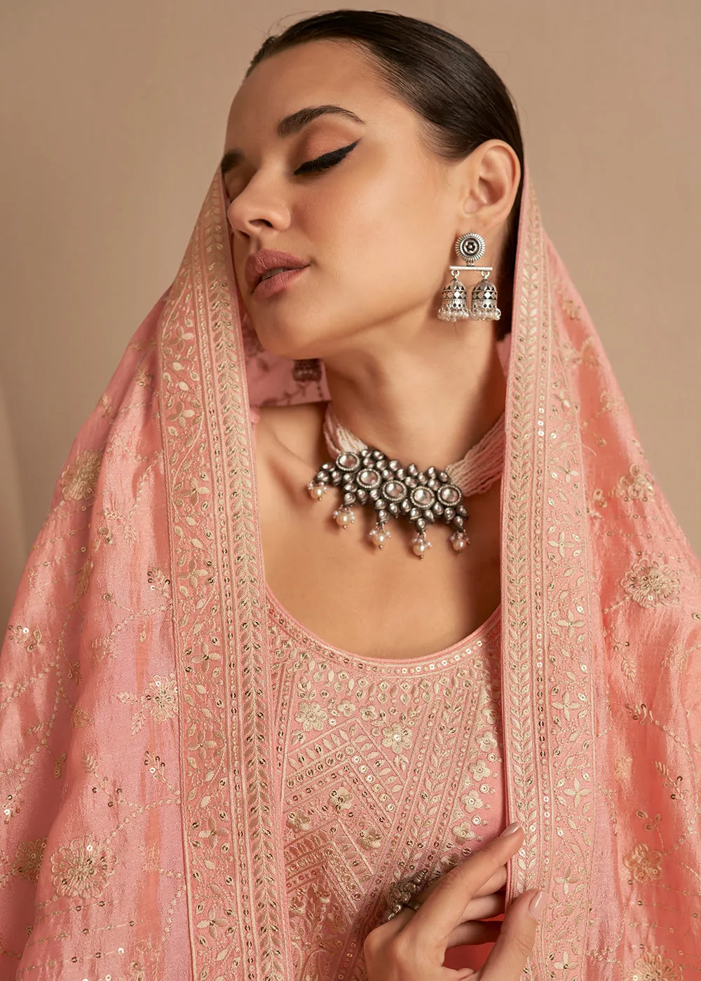 Beautiful Soft Peach & Gold Embroidered Premium Silk Salwar Suit