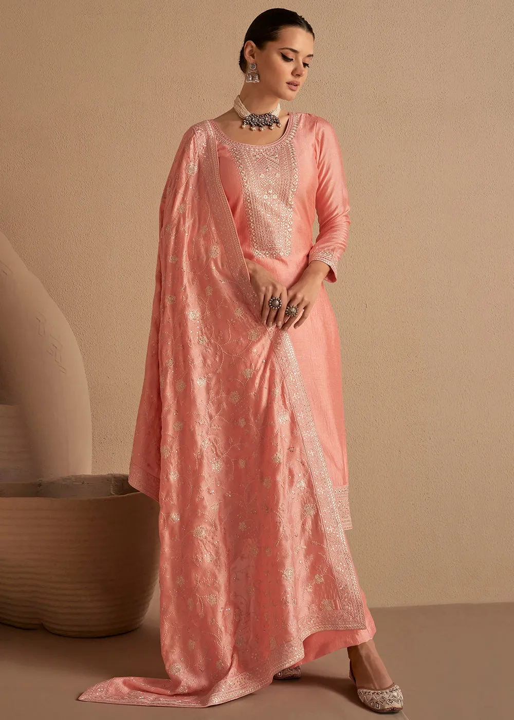 Beautiful Soft Peach & Gold Embroidered Premium Silk Salwar Suit