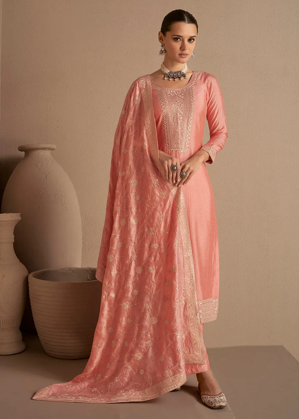 Beautiful Soft Peach & Gold Embroidered Premium Silk Salwar Suit