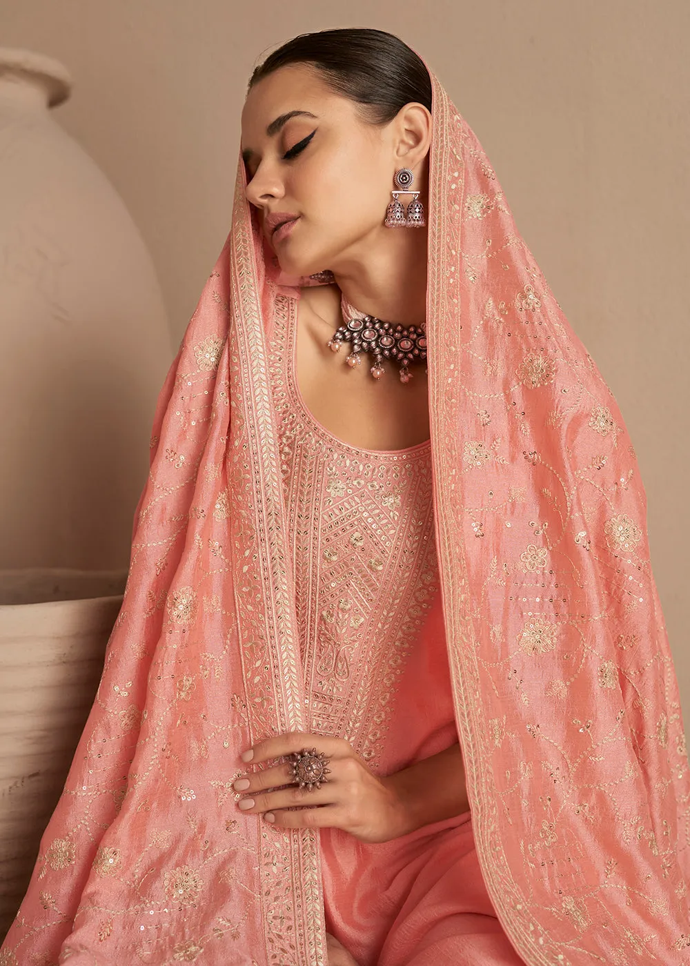 Beautiful Soft Peach & Gold Embroidered Premium Silk Salwar Suit