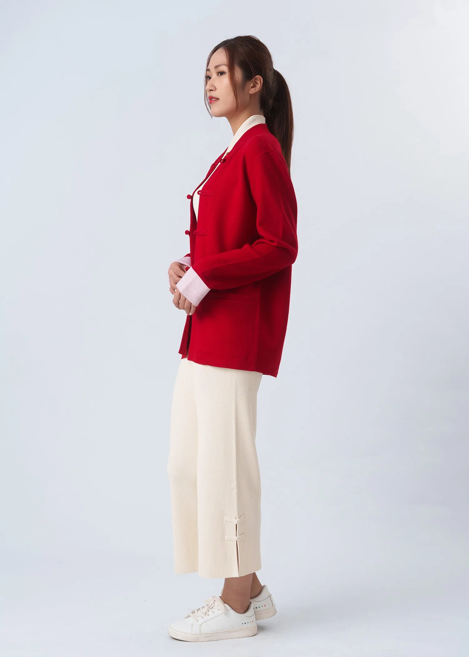 Bicolor Knitted Tang Jacket (Red/ Off White)