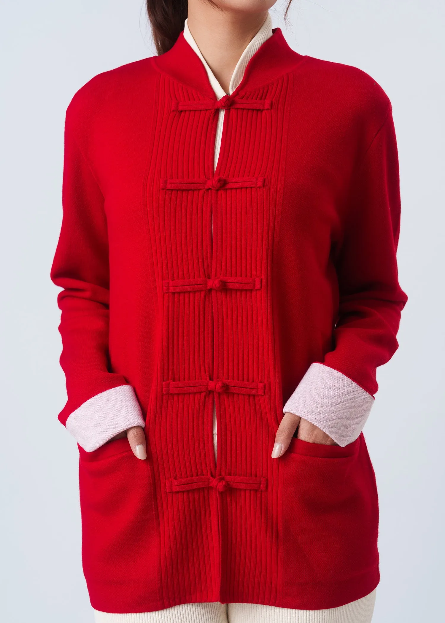 Bicolor Knitted Tang Jacket (Red/ Off White)