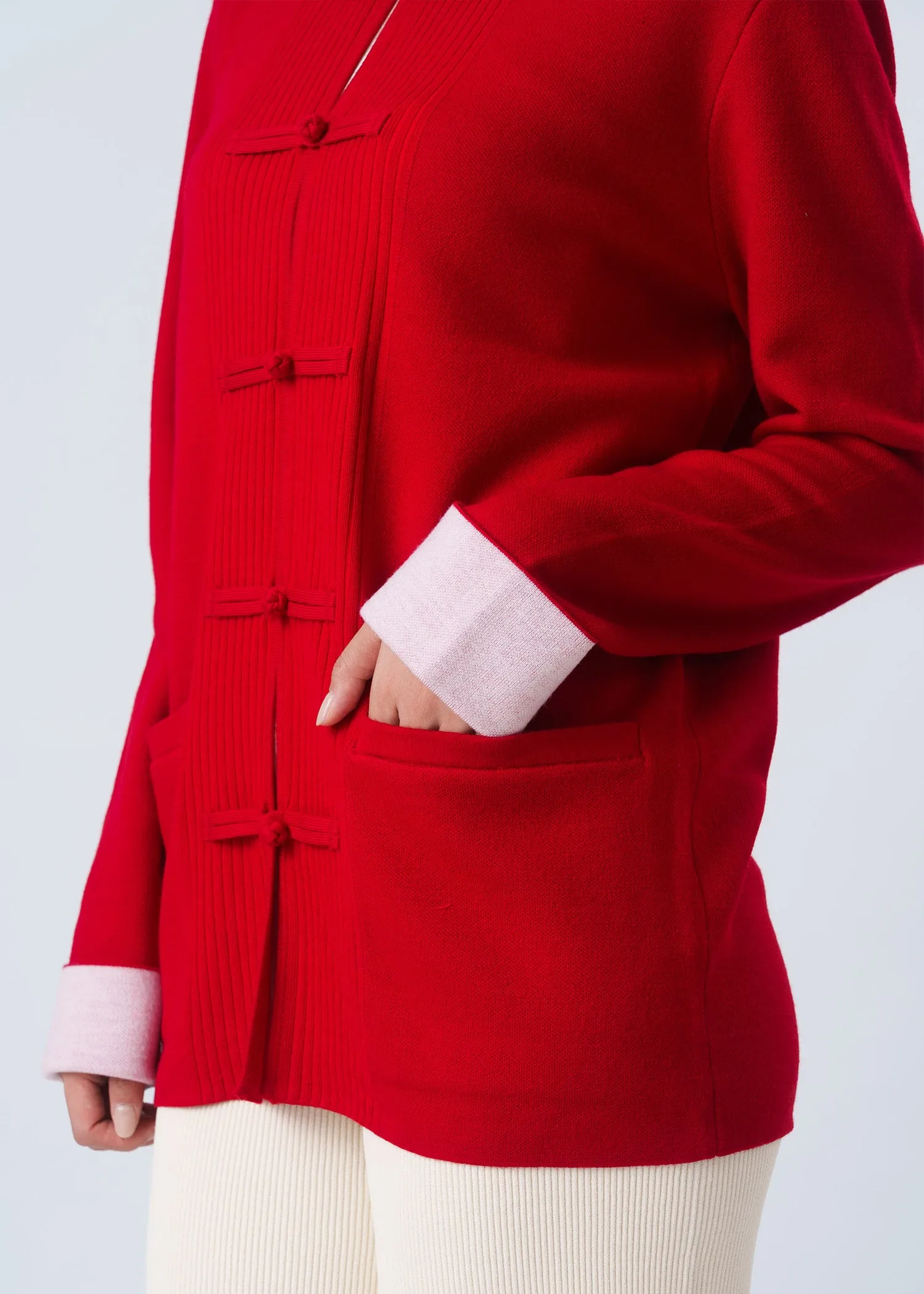 Bicolor Knitted Tang Jacket (Red/ Off White)