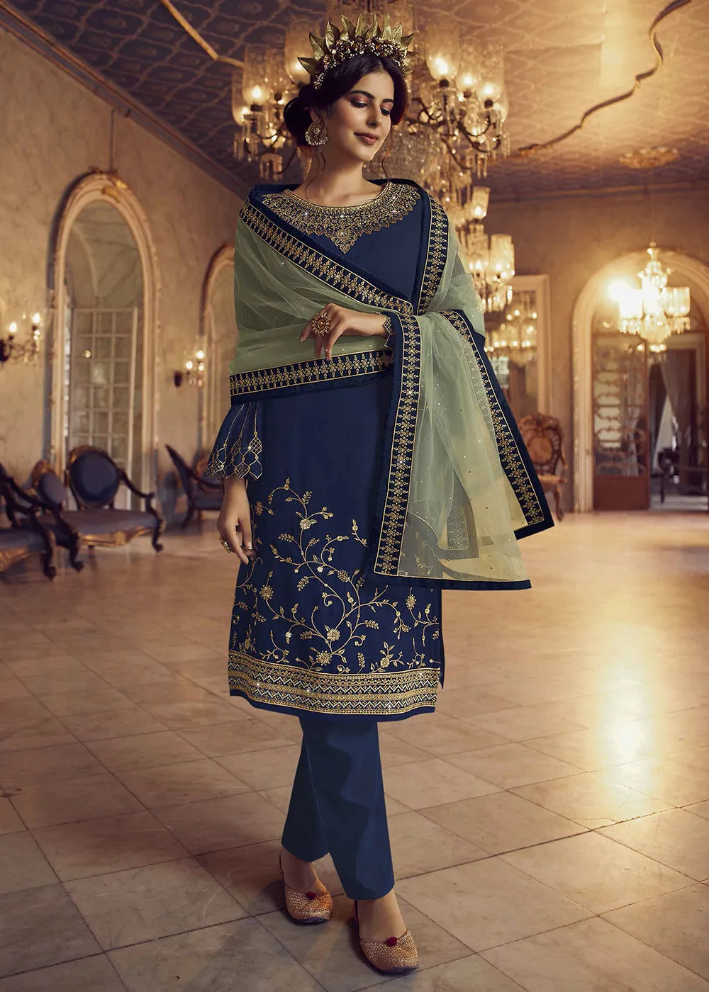 Blue & Green Lehenga/Pant Style Trendy Suit