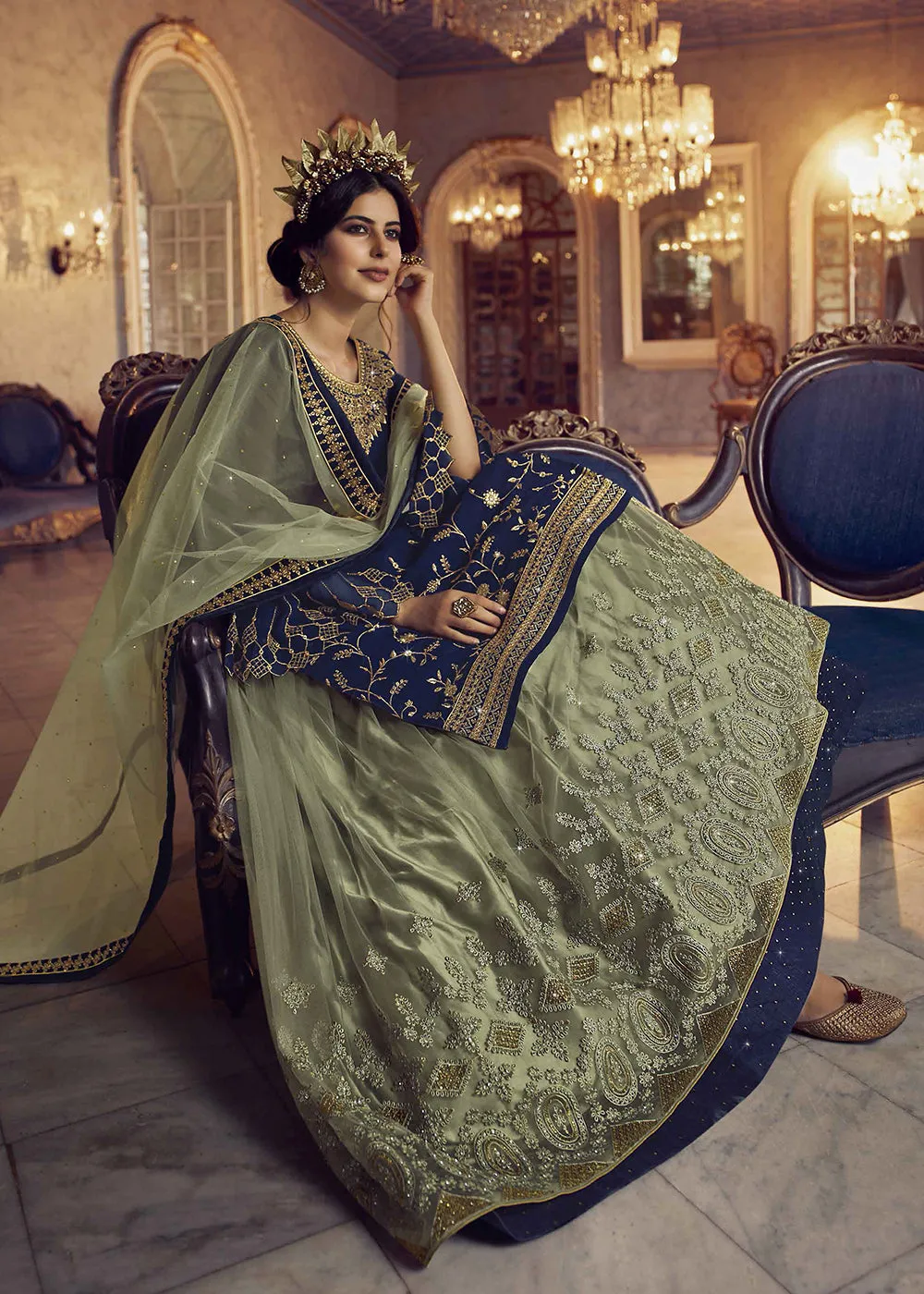 Blue & Green Lehenga/Pant Style Trendy Suit