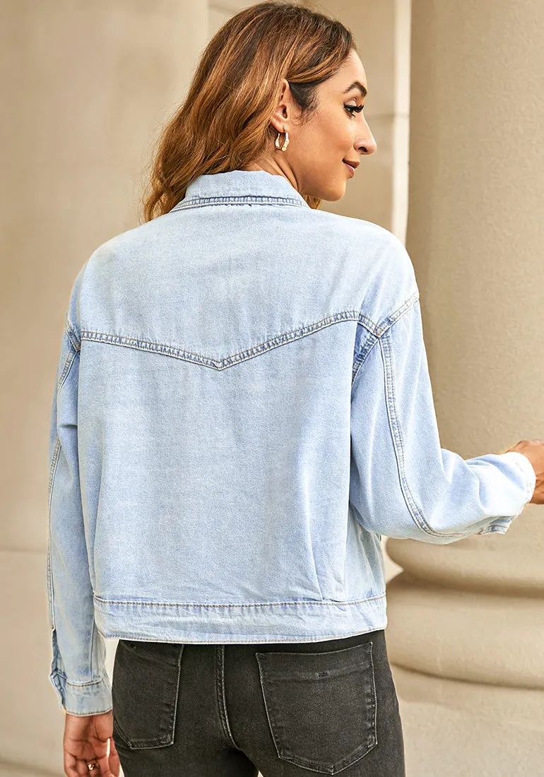 Blue Breeze Women's Brief Relaxed Trucker Croped Zip Up Denim Jackets with Pockets