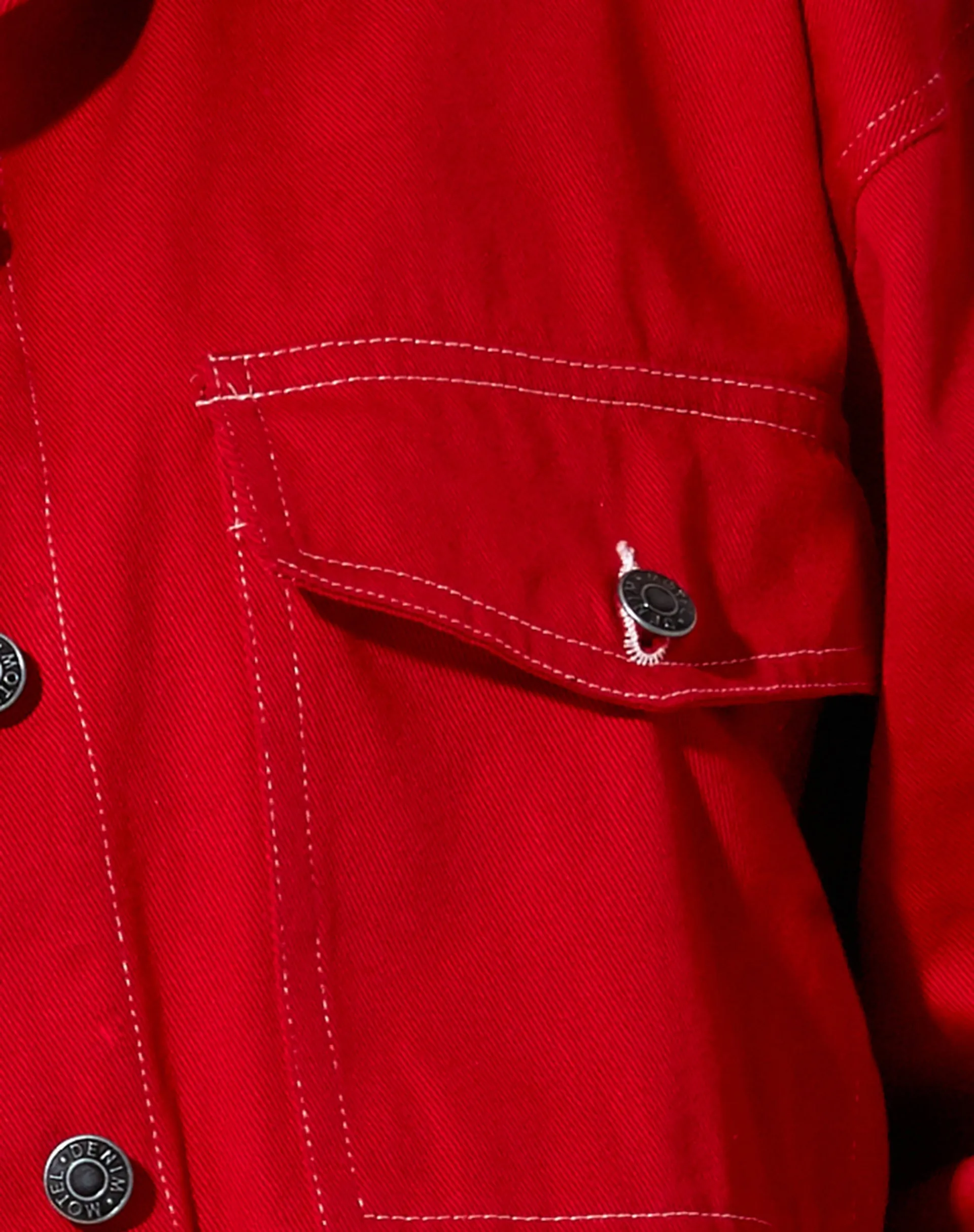 Boxy Denim Jacket in Racing Red with White Stitch