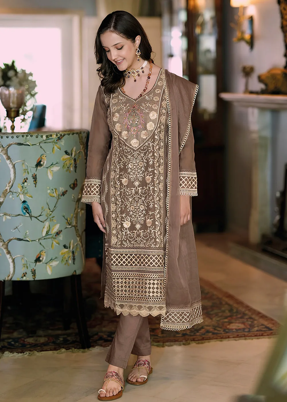 Brown Organza Fancy Khatli Work Pakistani Style Suit