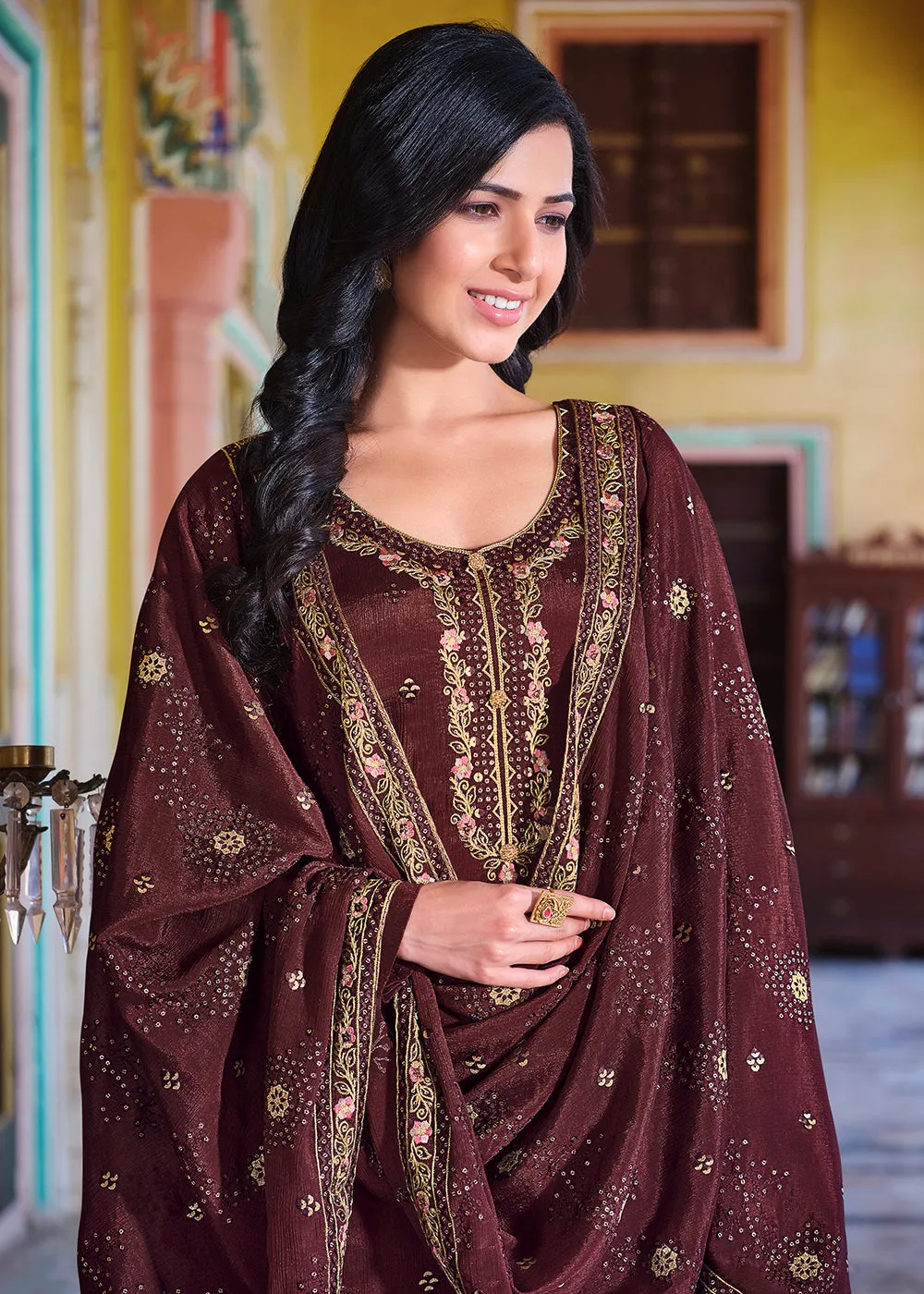 Brownish Maroon Pakistani Pant Style Chinnon Salwar Suit