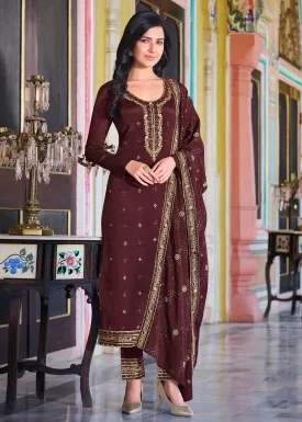 Brownish Maroon Pakistani Pant Style Chinnon Salwar Suit