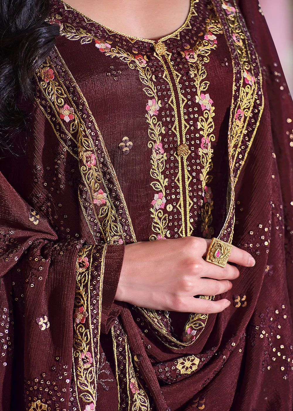 Brownish Maroon Pakistani Pant Style Chinnon Salwar Suit