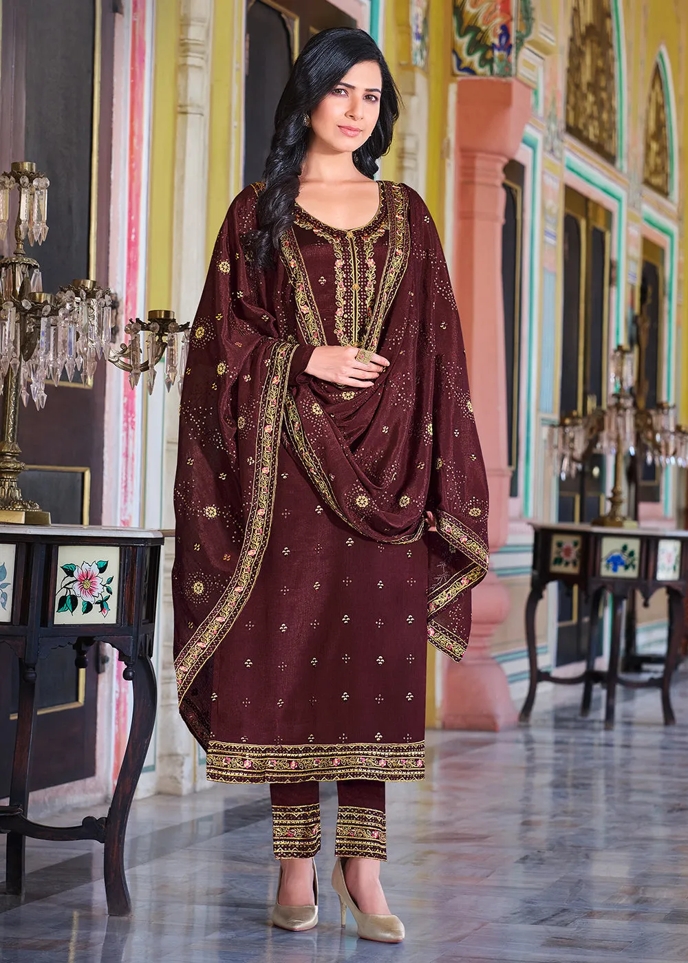 Brownish Maroon Pakistani Pant Style Chinnon Salwar Suit