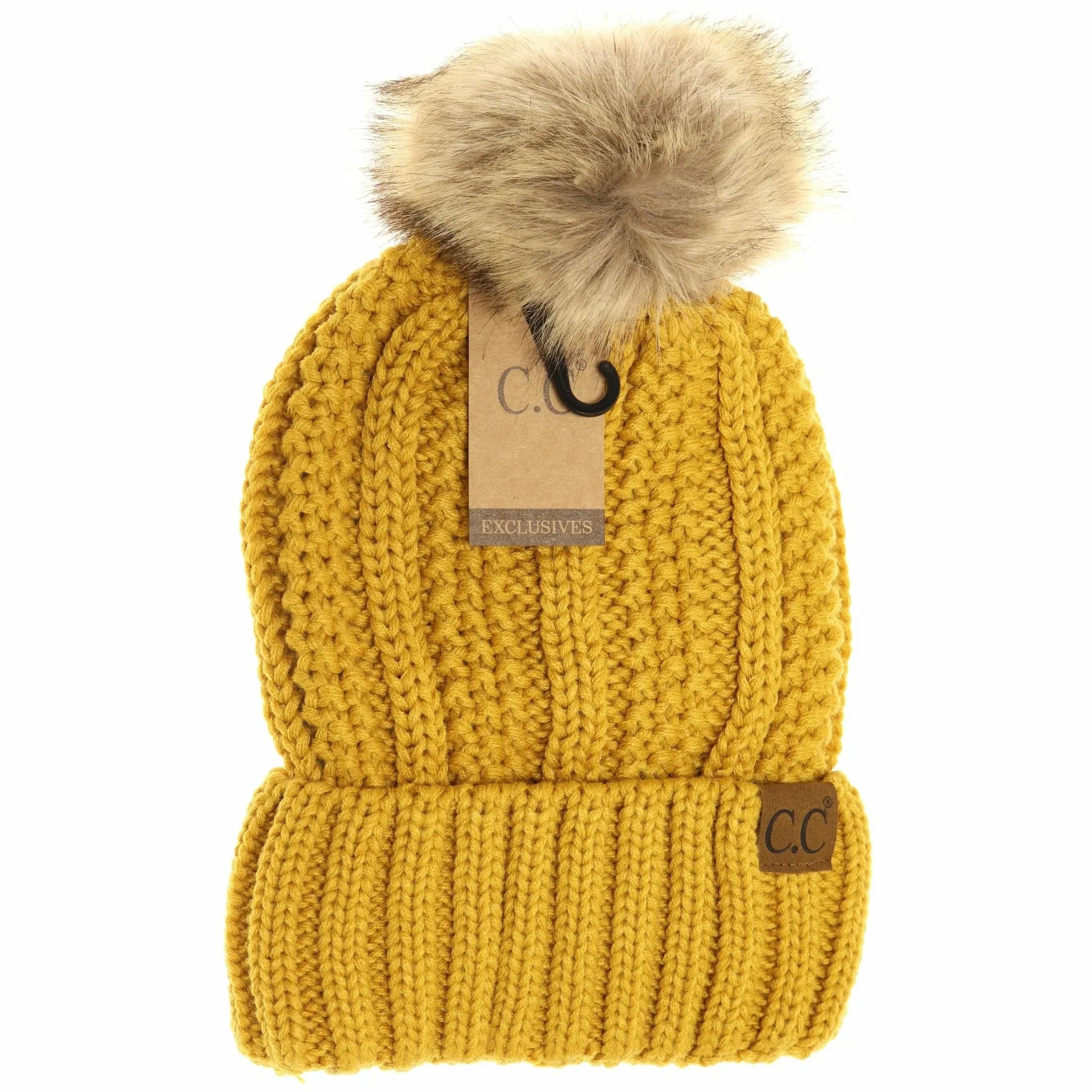 C.C. Beanie With Faux Fur Pom and Fuzzy Lining (Multiple Colors Available)