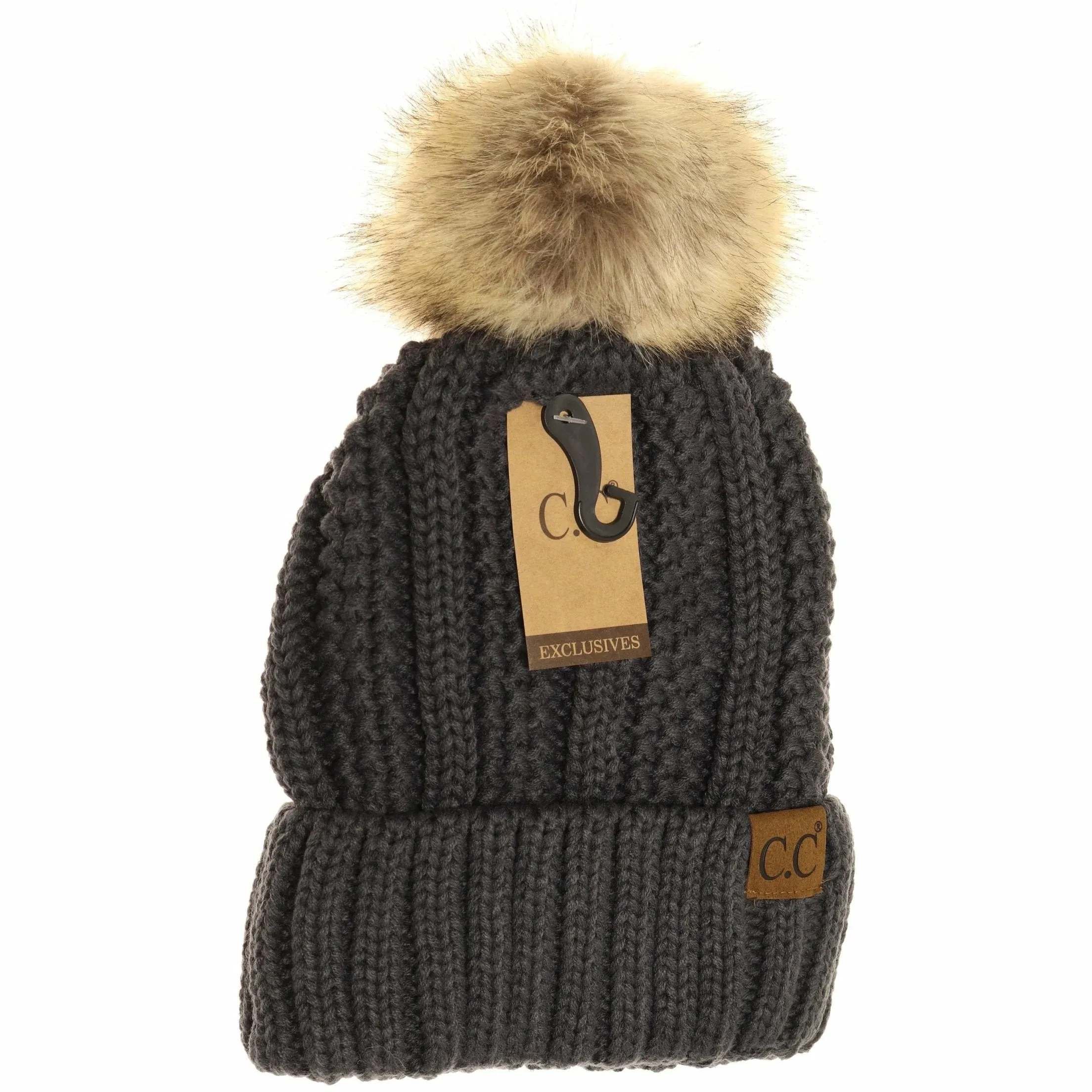 C.C. Beanie With Faux Fur Pom and Fuzzy Lining (Multiple Colors Available)