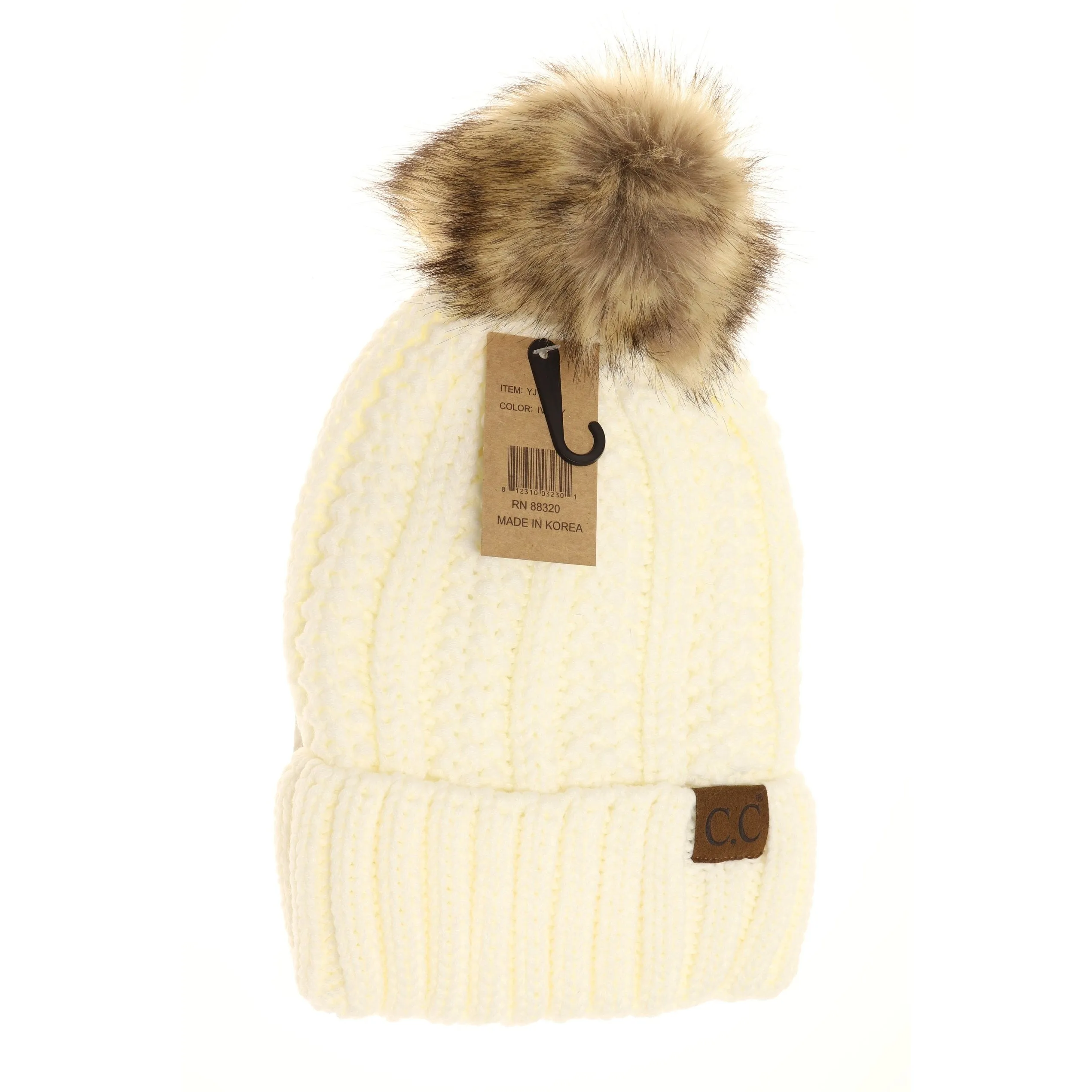 C.C. Beanie With Faux Fur Pom and Fuzzy Lining (Multiple Colors Available)