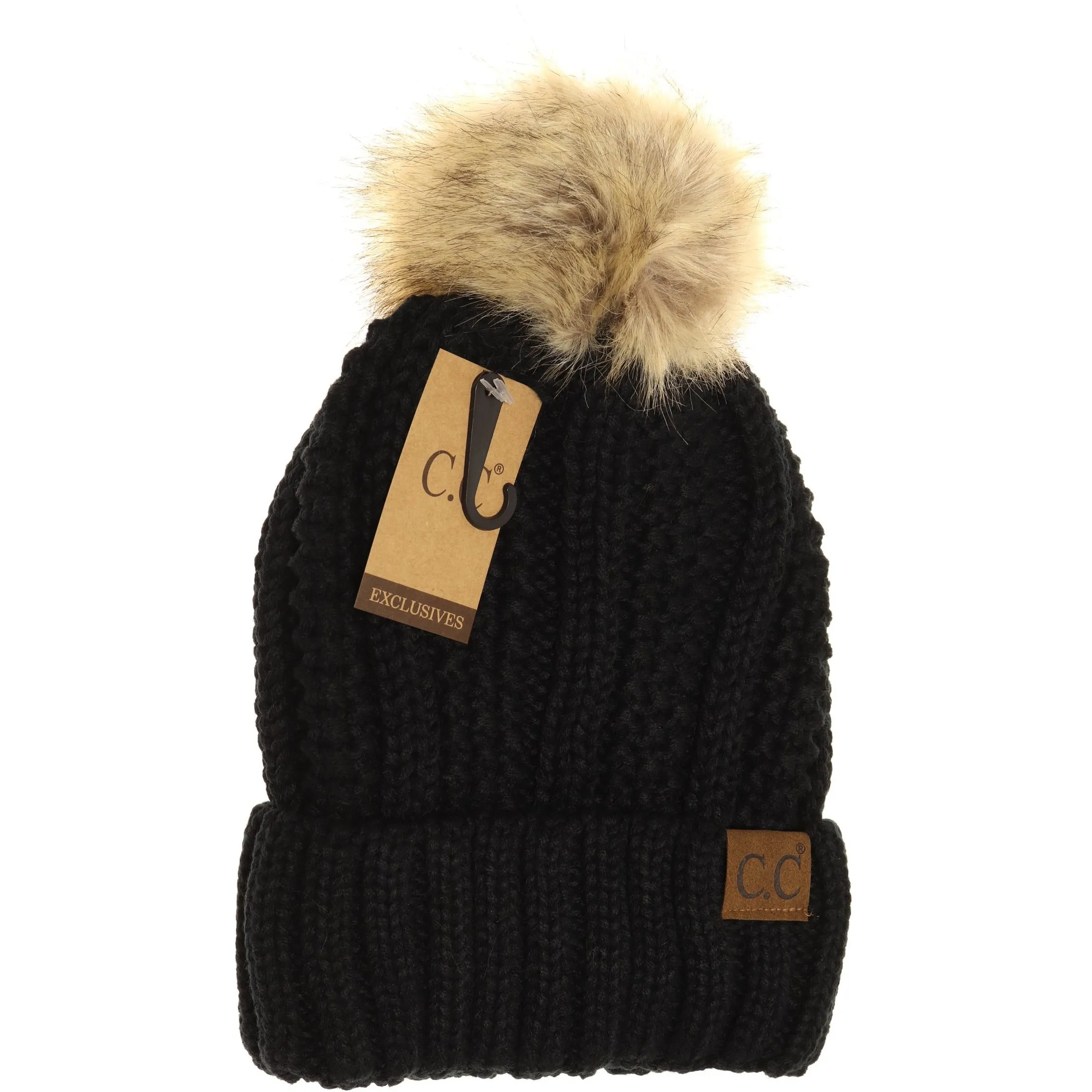 C.C. Beanie With Faux Fur Pom and Fuzzy Lining (Multiple Colors Available)