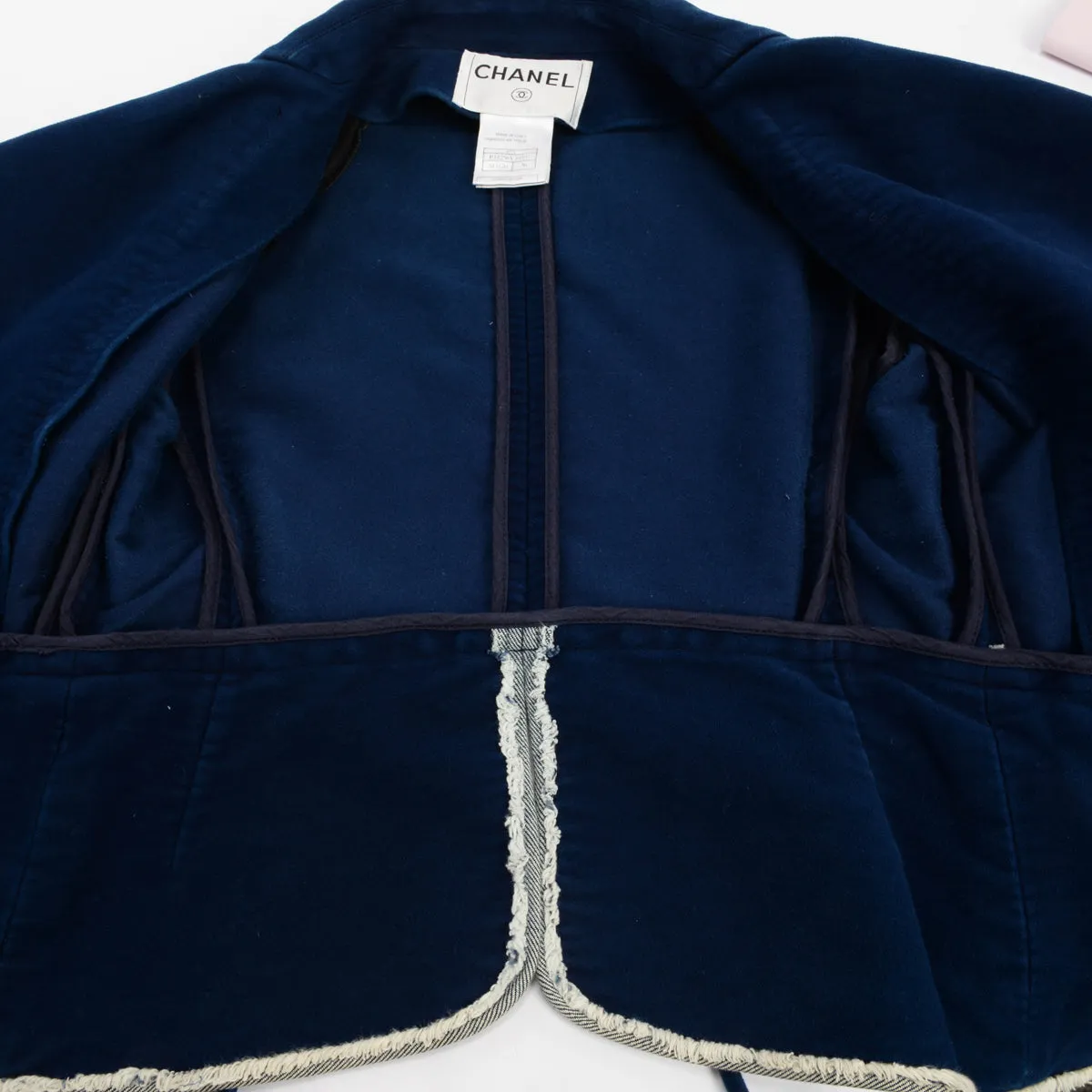 Chanel Blue Velvet Frayed Edge Corset Jacket FR 36