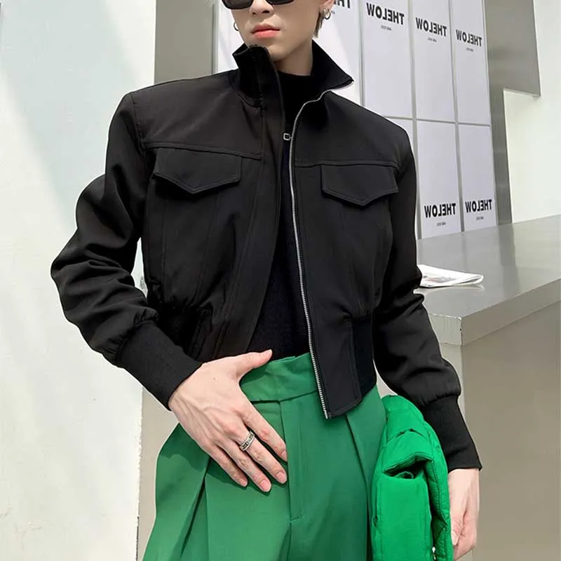 Cropped Stand Collar Shoulder Pads Jackets