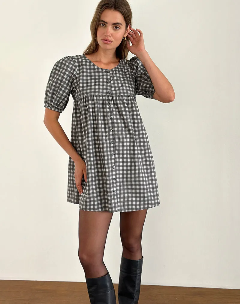 Cybera Mini Dress in Tonal Gingham Black and Grey