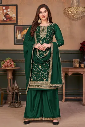 Dark Green Straight Cut Festive Embroidered Palazzo Suit