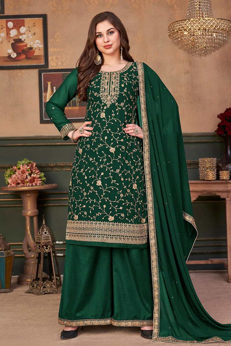 Dark Green Straight Cut Festive Embroidered Palazzo Suit