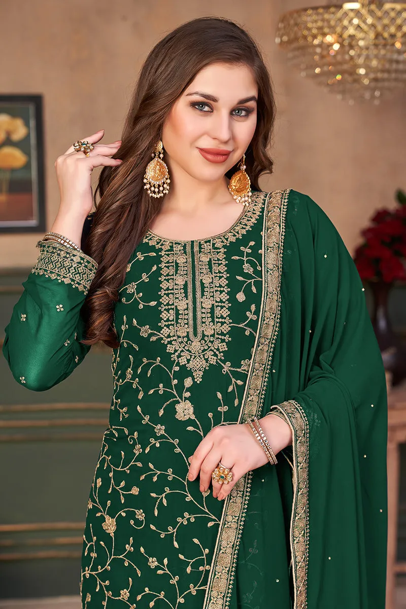 Dark Green Straight Cut Festive Embroidered Palazzo Suit