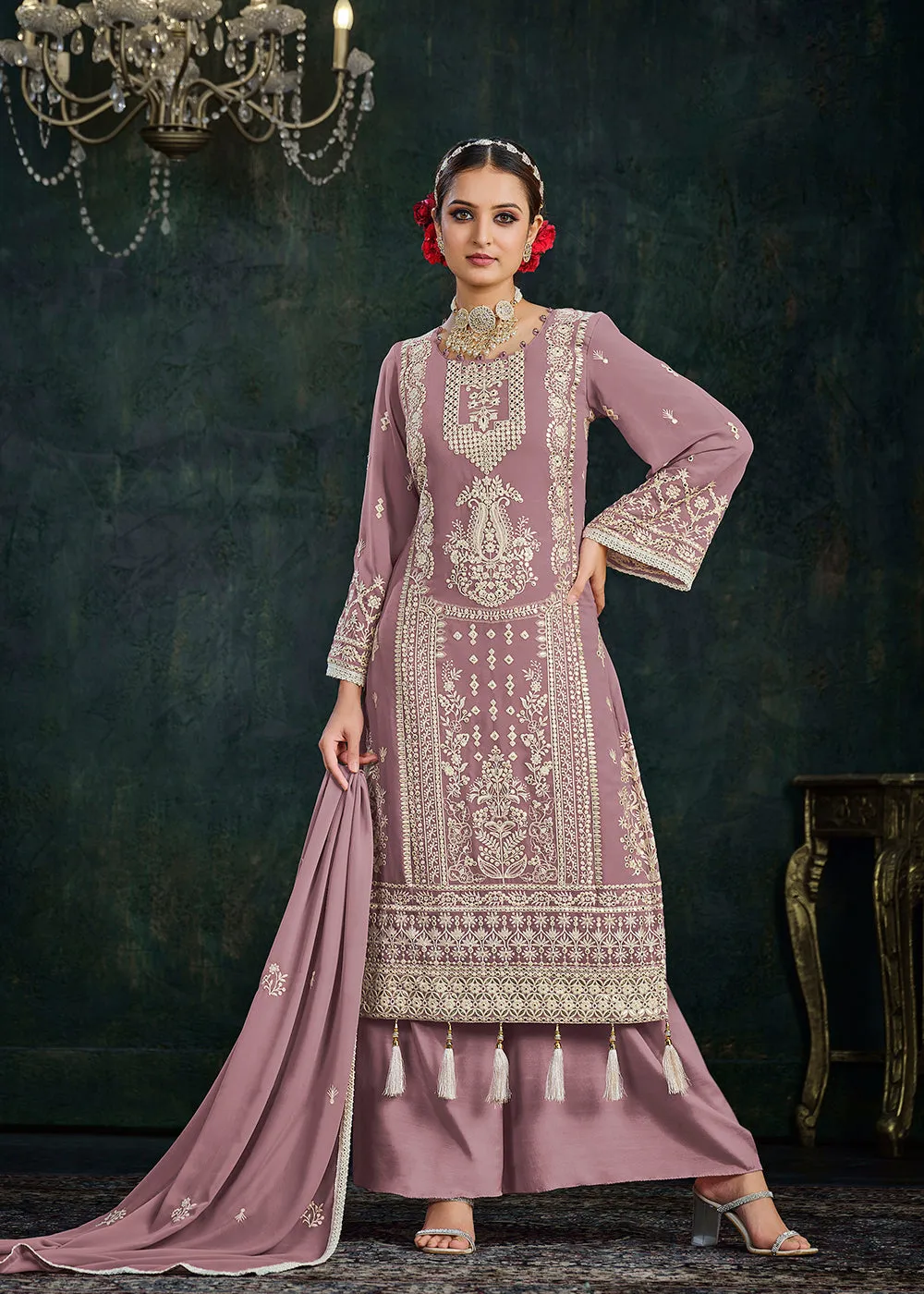 Ethereal Mauve Foil Mirror Embroidered Palazzo Salwar Suit