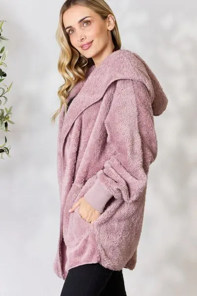 Faux Fur Open Front Hooded Jacket