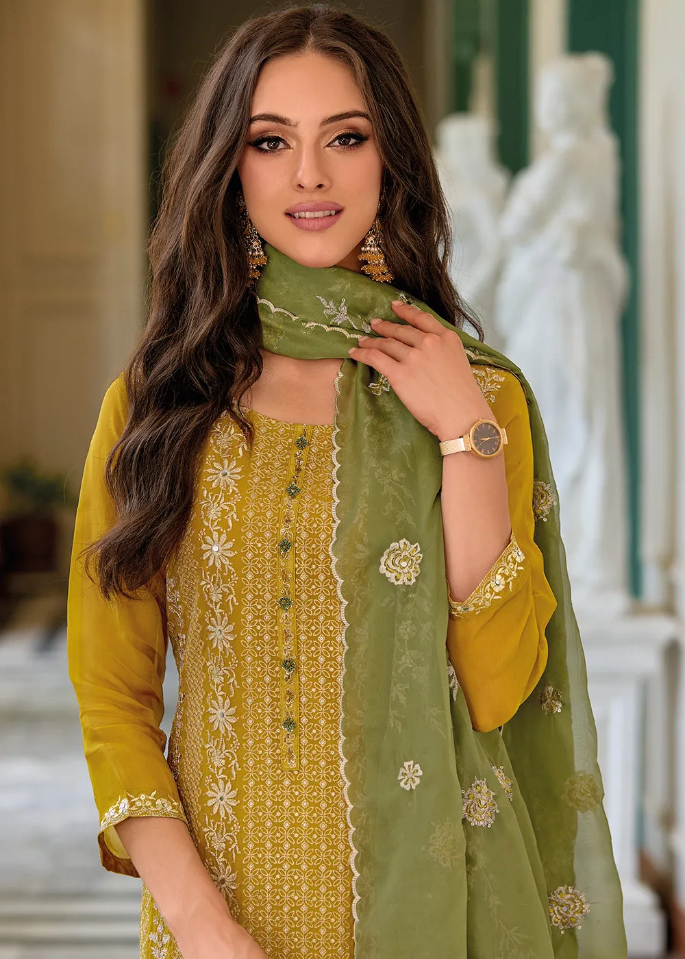 Festive Organza Mustard Embroidered Salwar Kameez