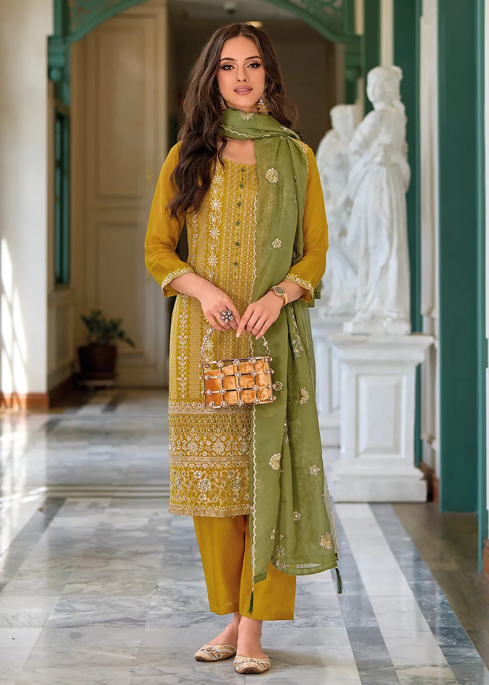 Festive Organza Mustard Embroidered Salwar Kameez