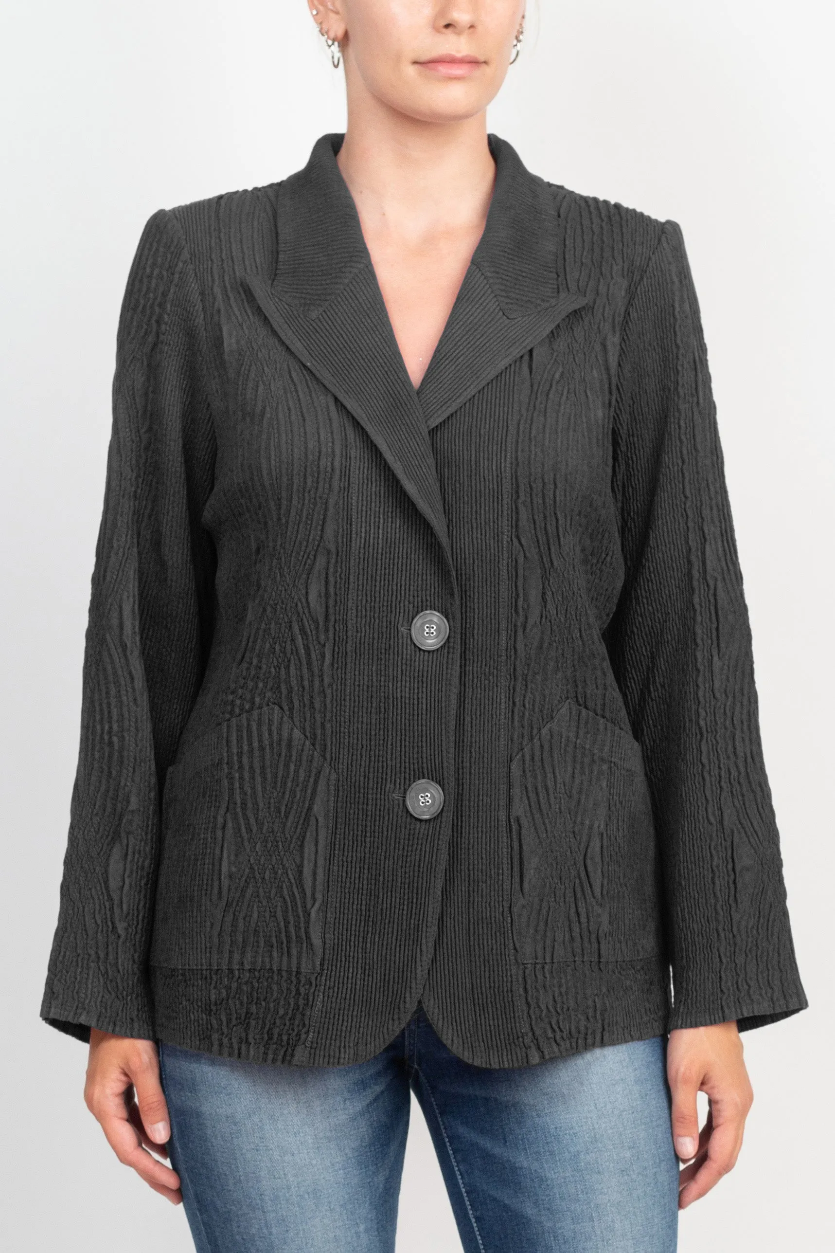 Flair Notched Collar Long Sleeve 2 Button Closure Solid Textured Jacket