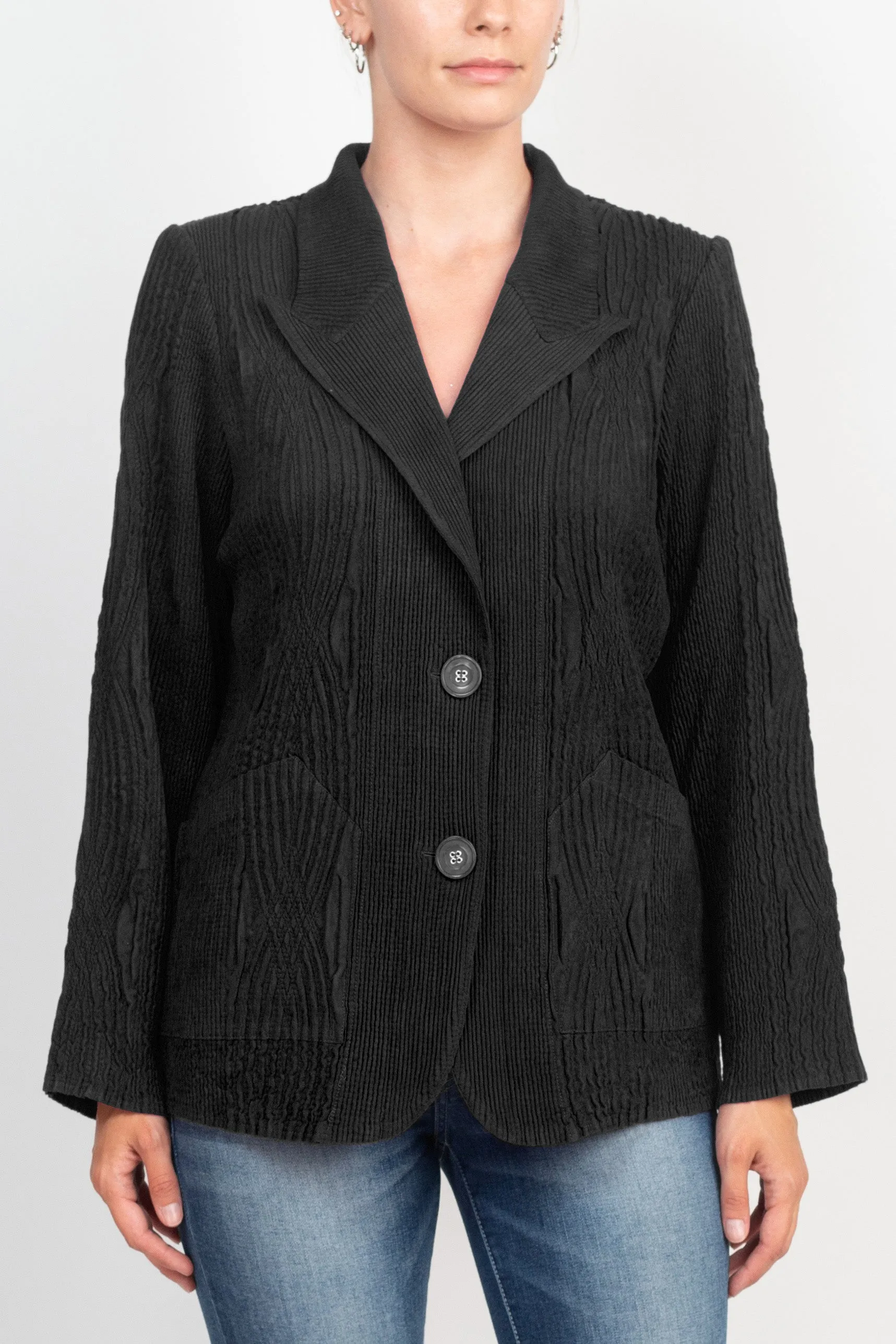 Flair Notched Collar Long Sleeve 2 Button Closure Solid Textured Jacket