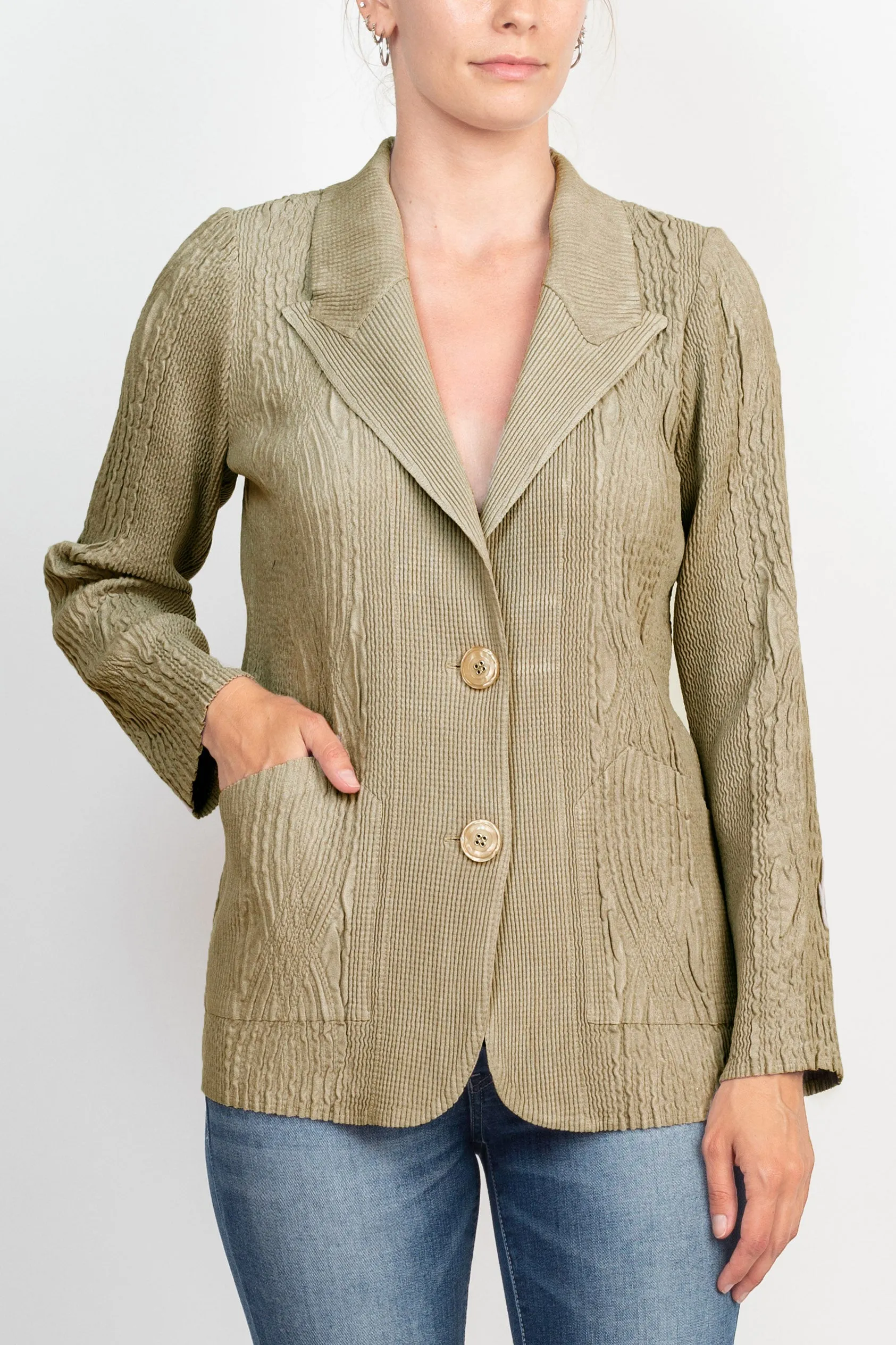 Flair Notched Collar Long Sleeve 2 Button Closure Solid Textured Jacket