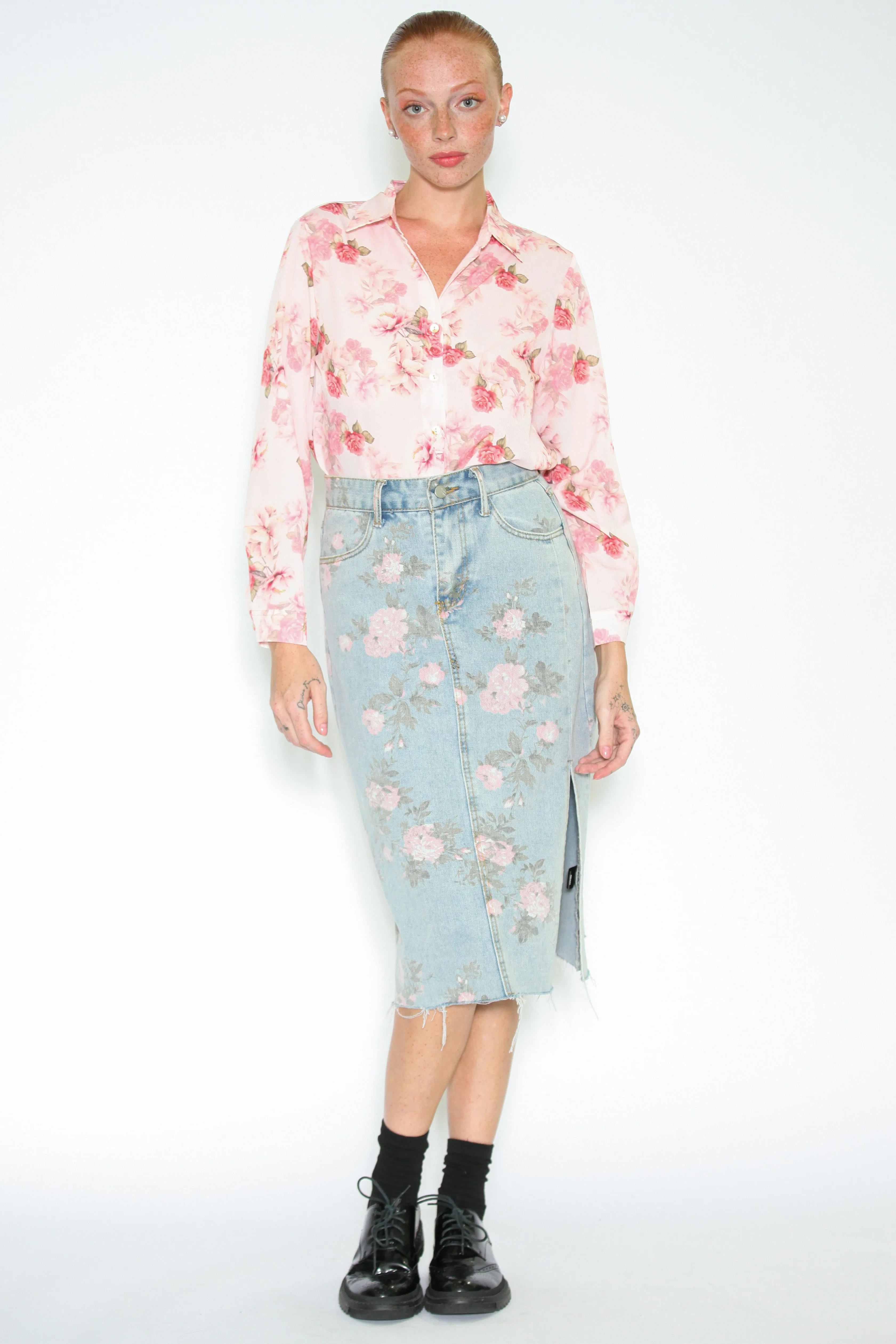 Floral Patterned Denim Midi Skirt