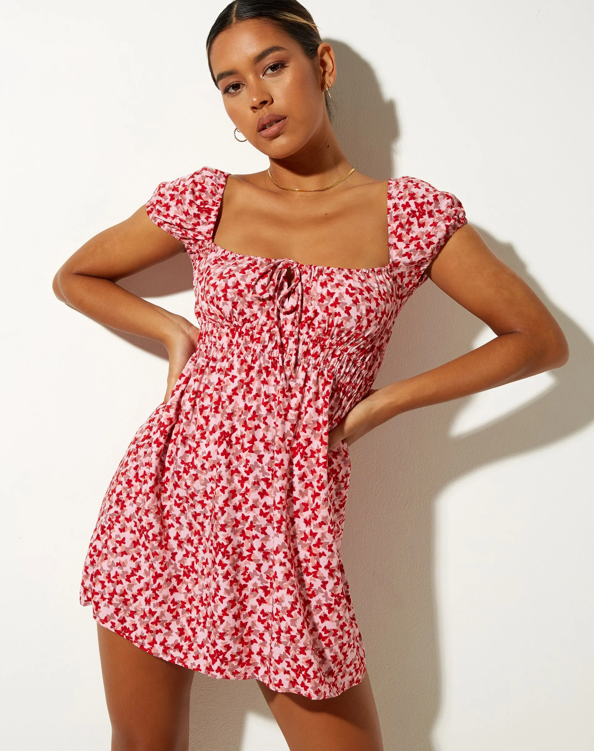 Galova Mini Dress in Ditsy Butterfly Peach and Red