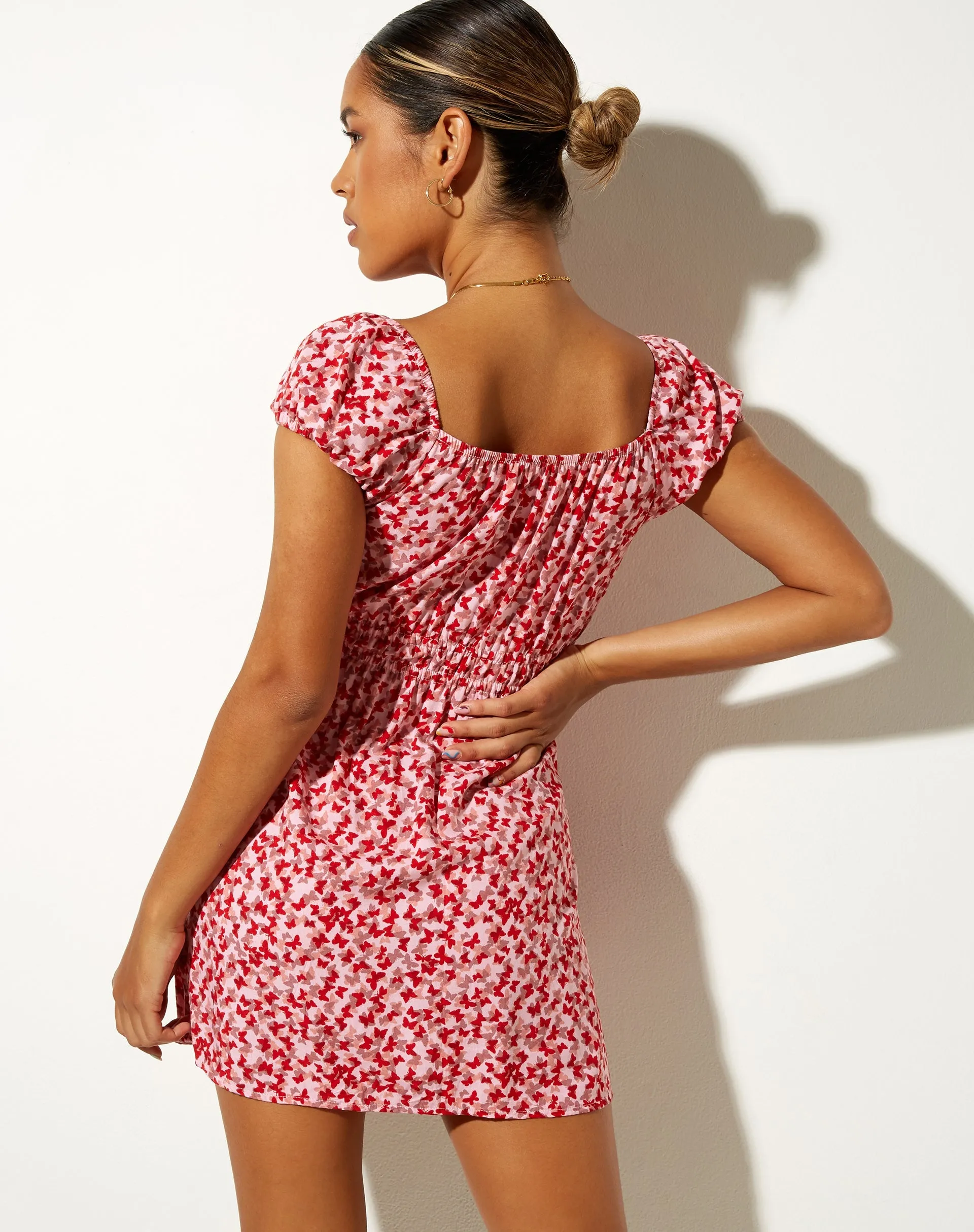 Galova Mini Dress in Ditsy Butterfly Peach and Red