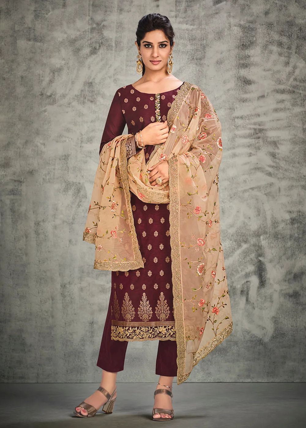 Jacquard Silk Adorning Maroon Pakistani Style Pant Suit