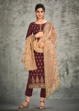 Jacquard Silk Adorning Maroon Pakistani Style Pant Suit