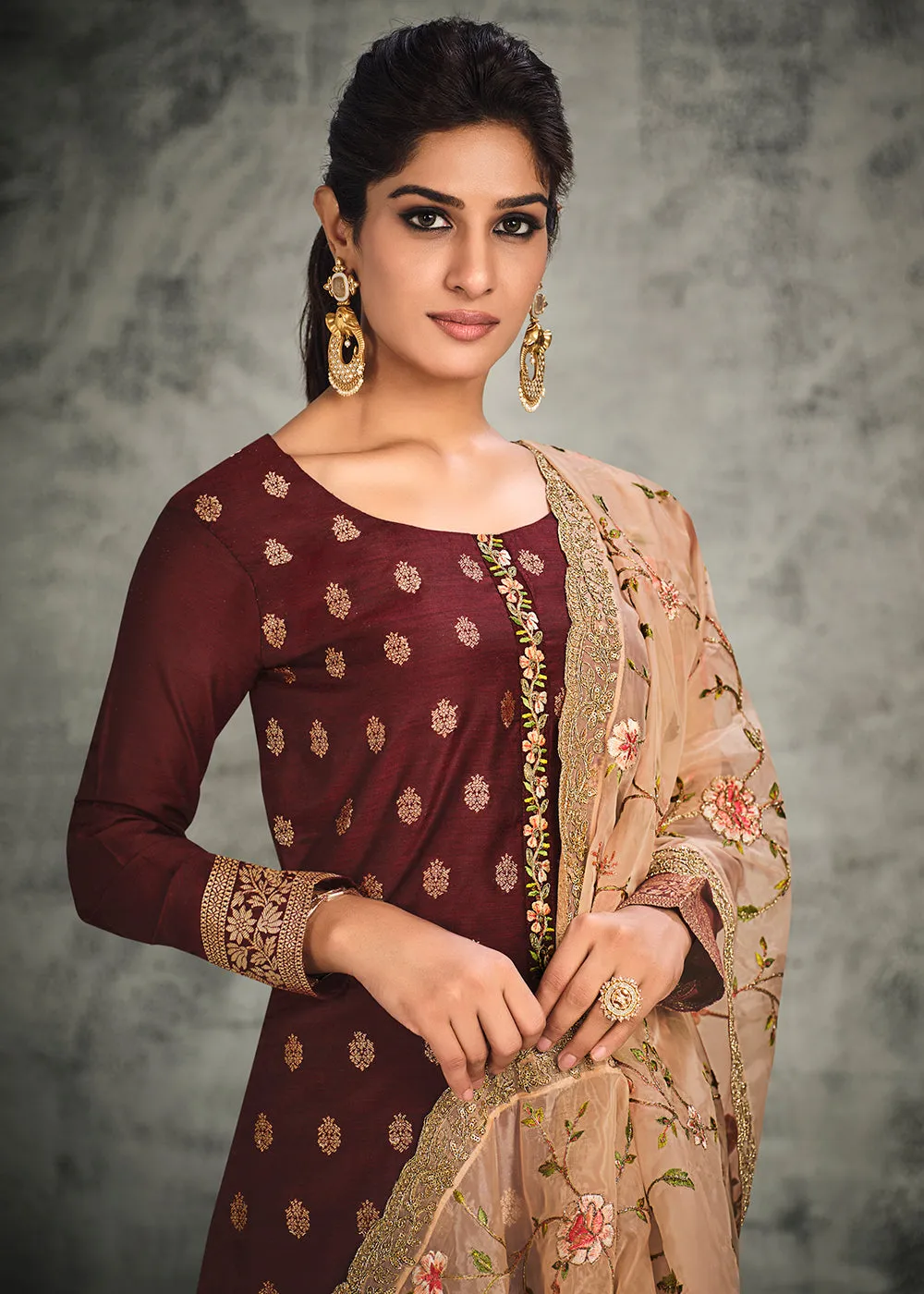 Jacquard Silk Adorning Maroon Pakistani Style Pant Suit