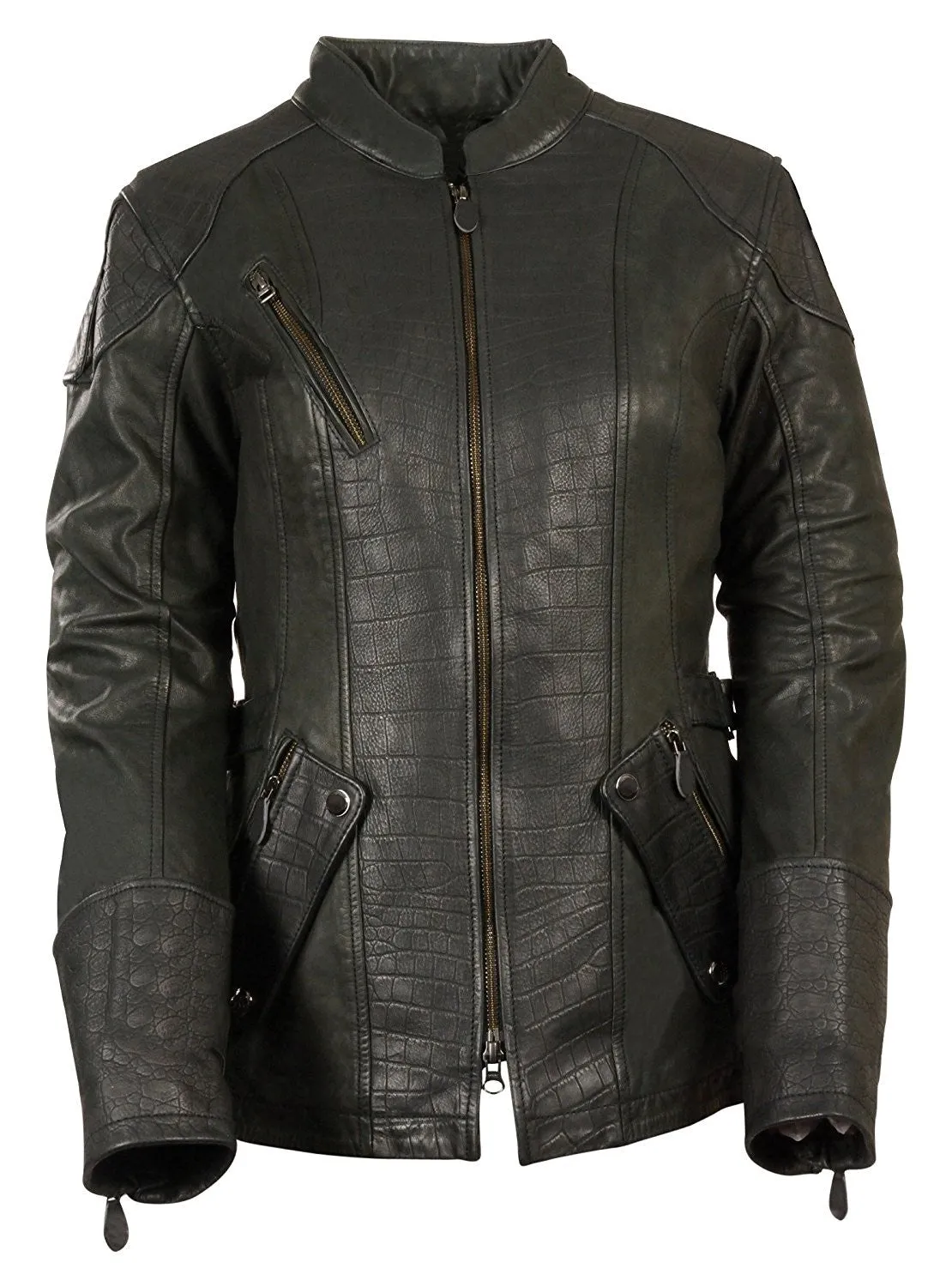 Ladies ¾ Length Stand Up Collar Embossed Print Leather Jacket